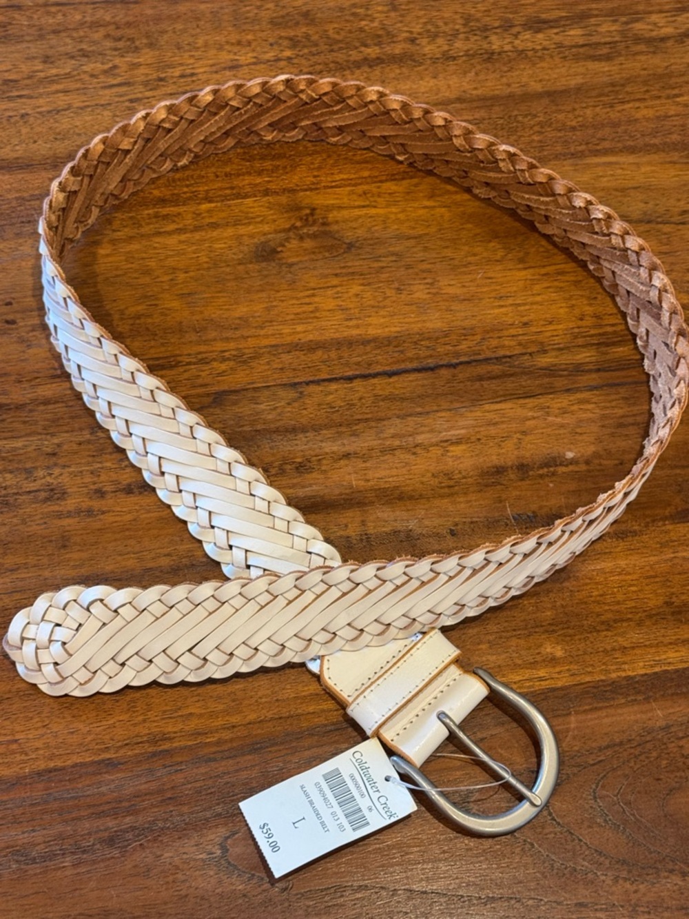 Coldwater Creek Large Adjustable Wide White Woven Leather Belt Brass Buckle